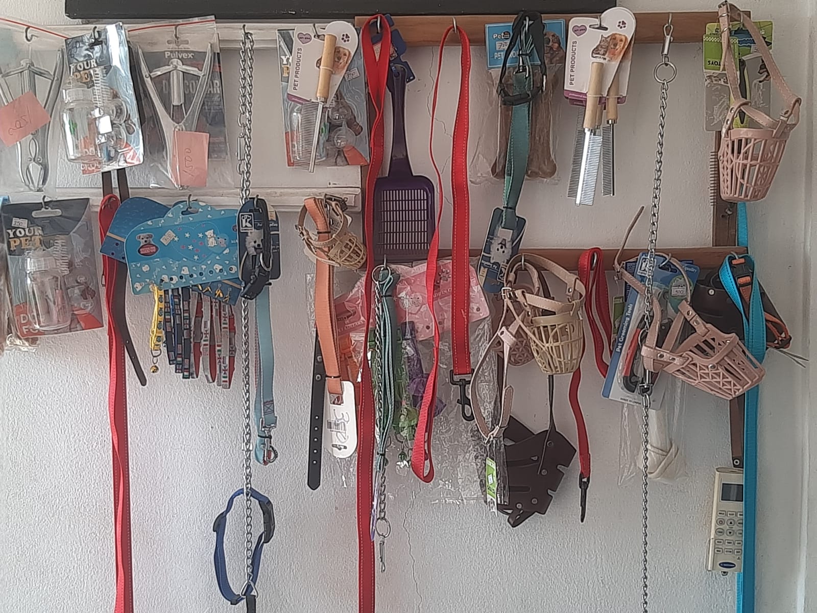 Parede de acessórios para pets — coleiras, trelas, focinheiras e arneses na VetWorkx Maputo